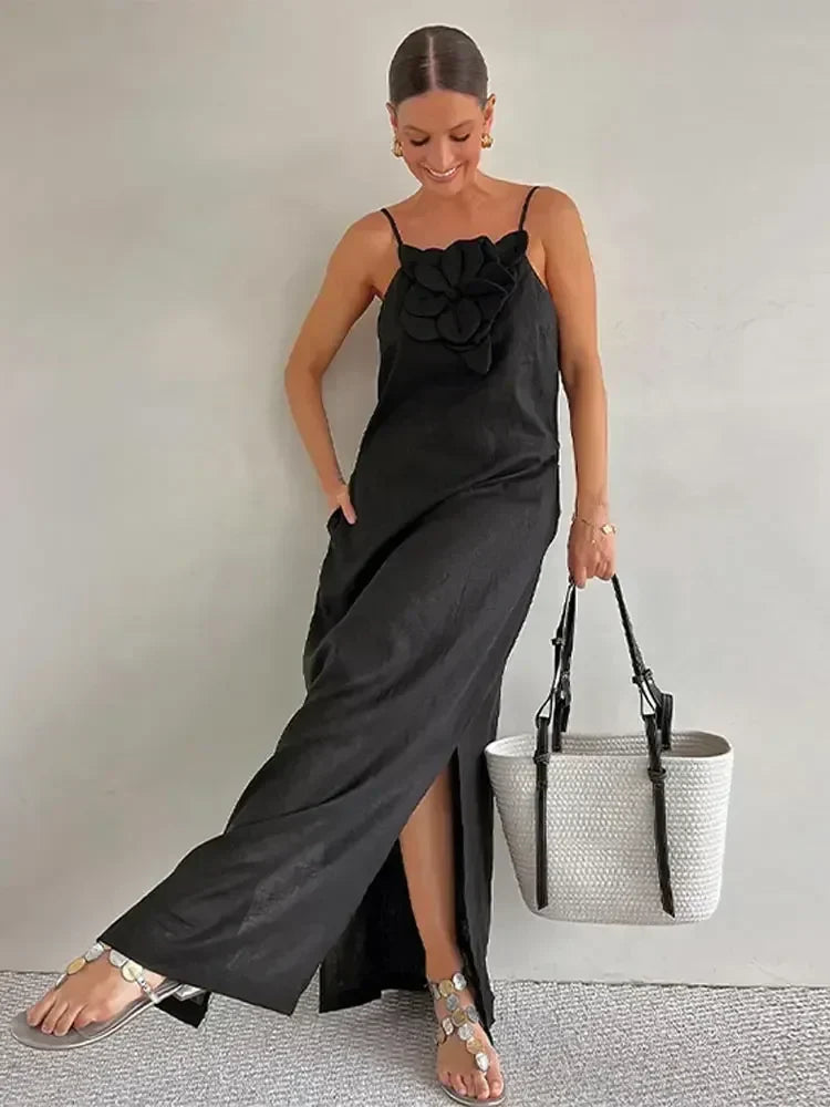 Floral Appliqué Spaghetti Strap Side Slit Maxi Dress