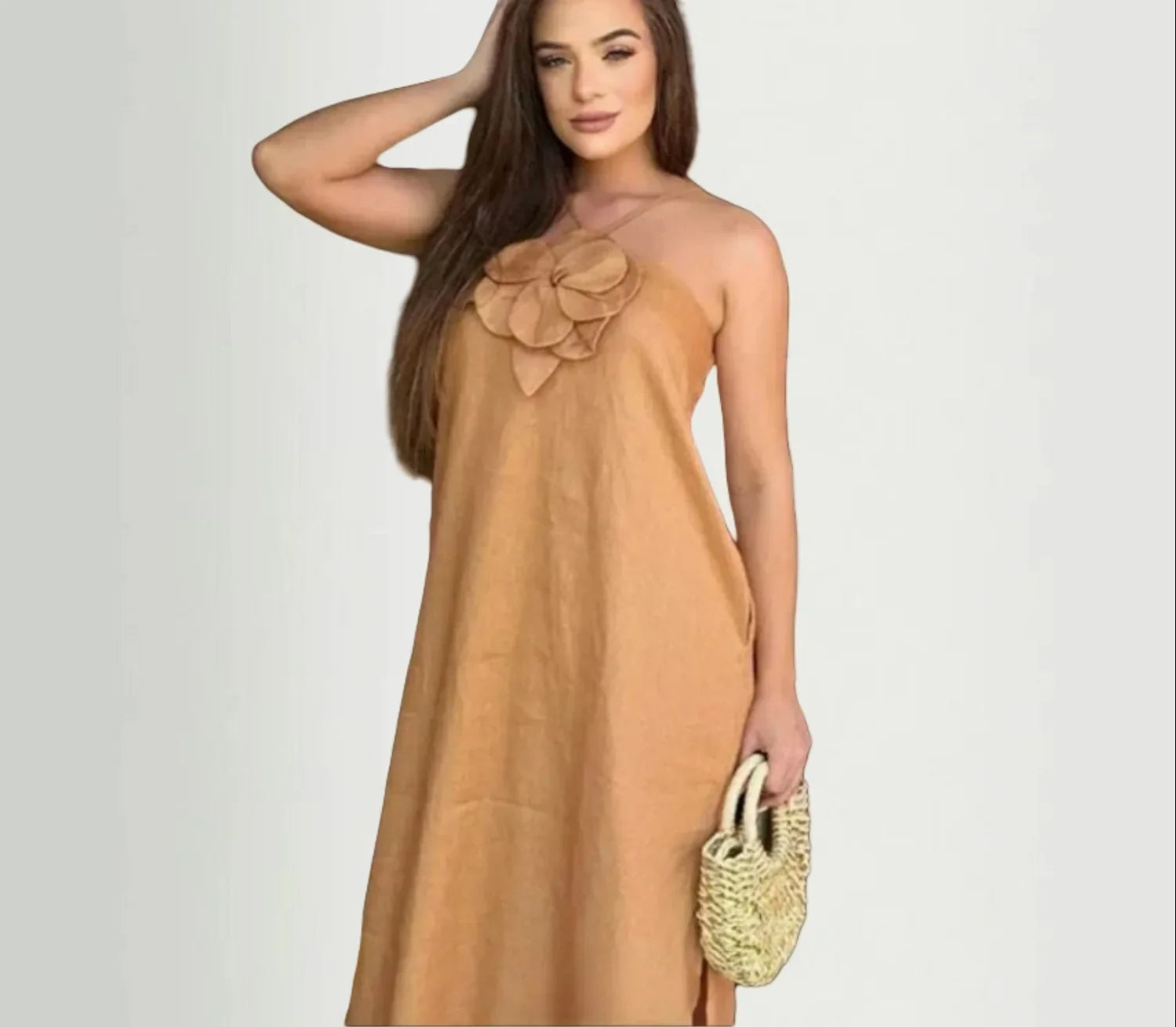 Cotton Linen Split 3D Flower Solid Sling Maxi Dress