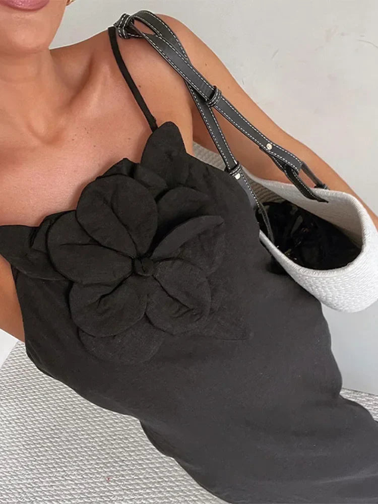 Cotton Linen Split 3D Flower Solid Sling Maxi Dress