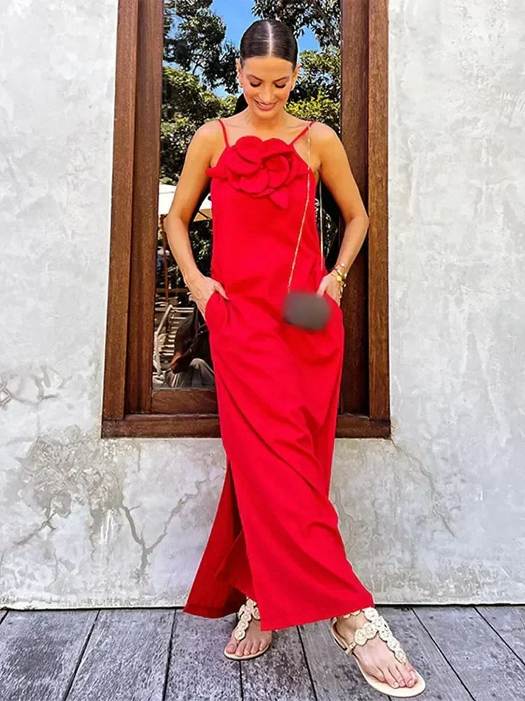 Floral Appliqué Spaghetti Strap Side Slit Maxi Dress