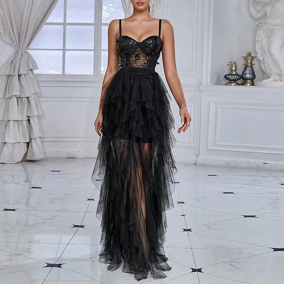 Sequin Bustier Spaghetti Strap Tiered Tulle Maxi Dress 6