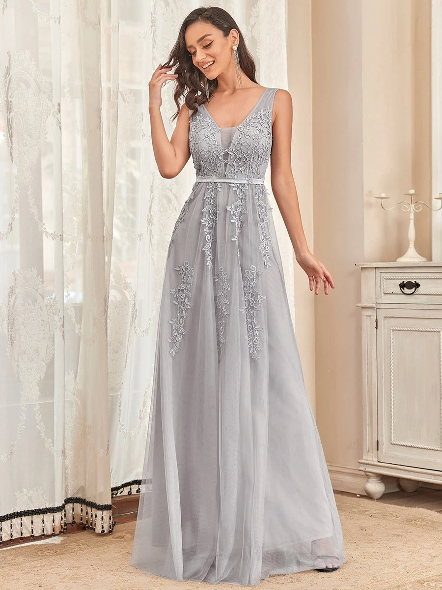 Long Lace Beading V-neck Sleeveless Backless Prom Dresses 14