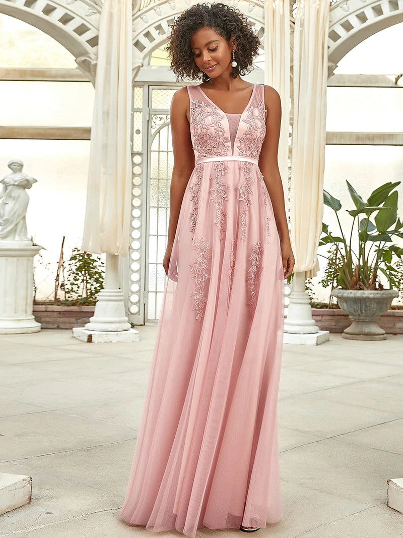 Long Lace Beading V-neck Sleeveless Backless Prom Dresses 15