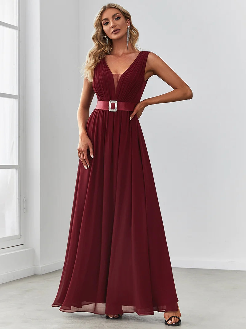 Chiffon V-Neck Sleeveless Belted Pleated A-Line Gown 7
