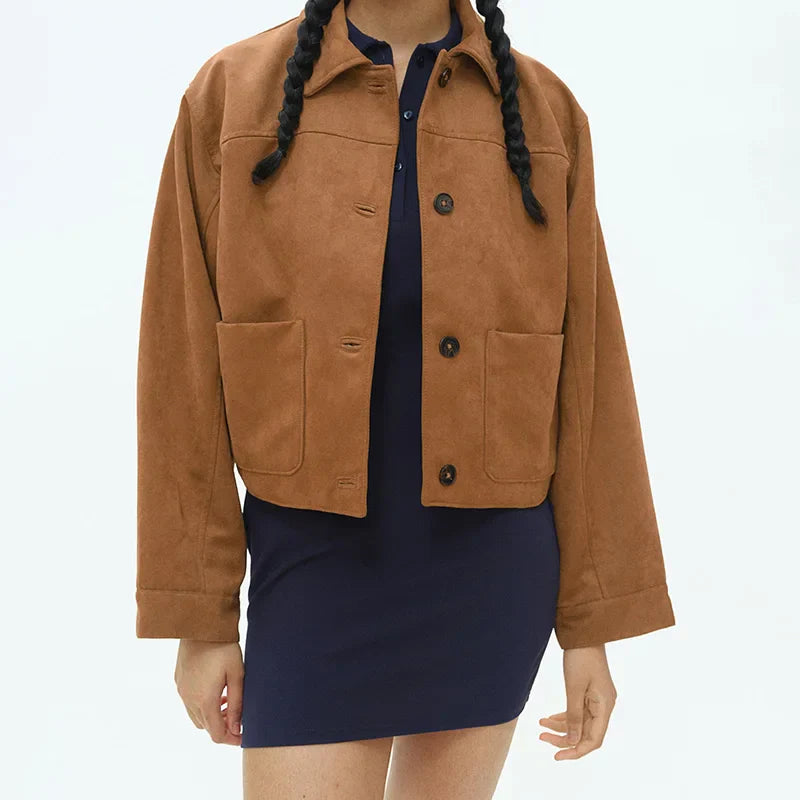 Faux Leather Lapel Double-Breasted Overcoat