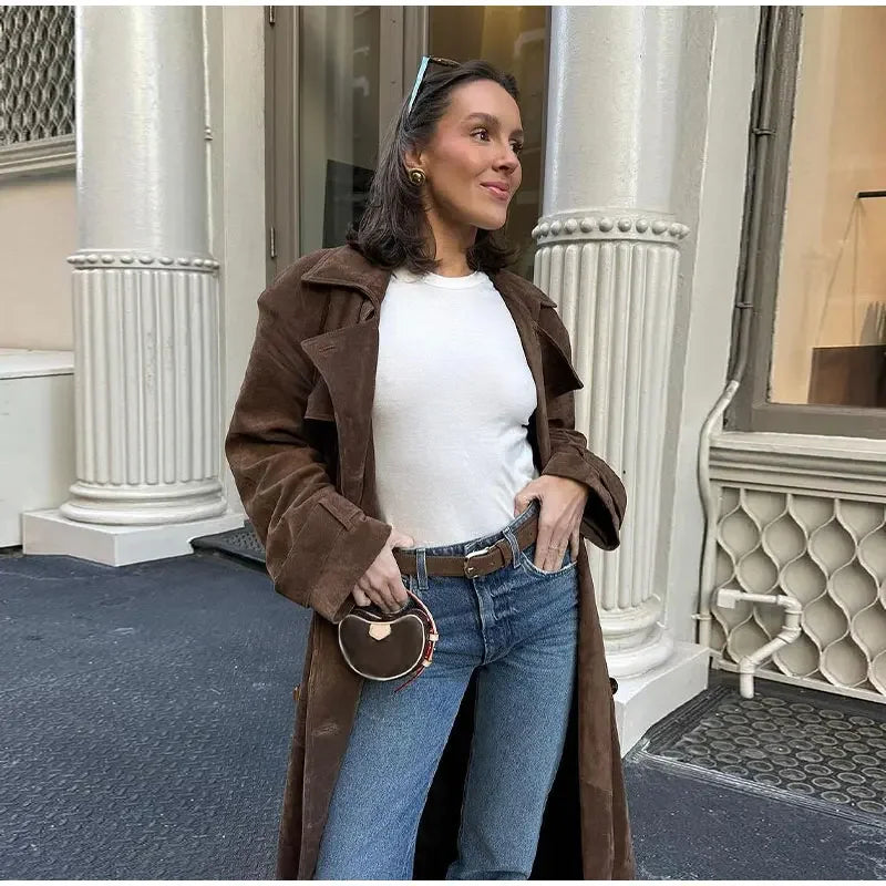 Faux Leather Lapel Double-Breasted Overcoat