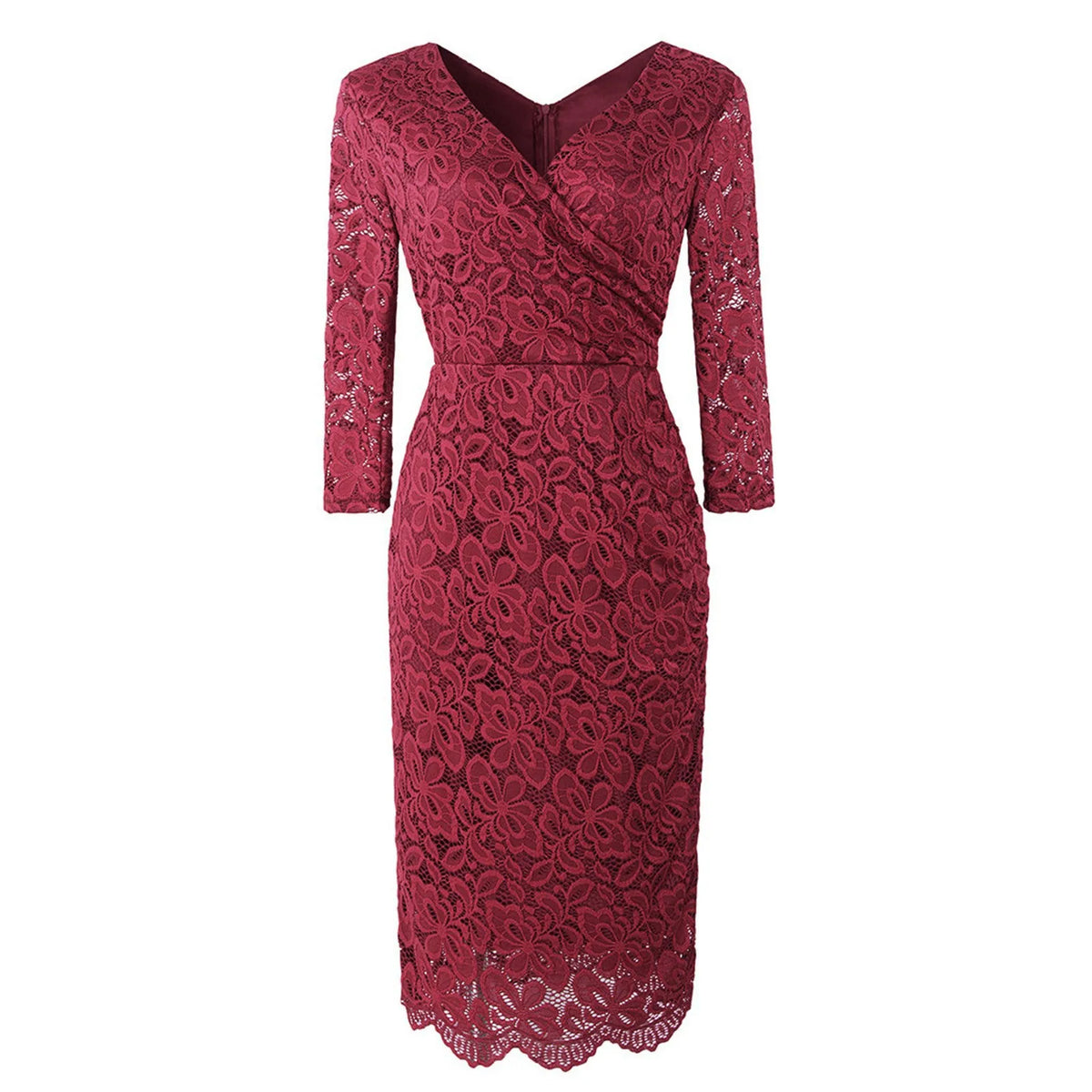 Lace V-Neck Long Sleeve Ruched Wrap Midi Dress - View 4