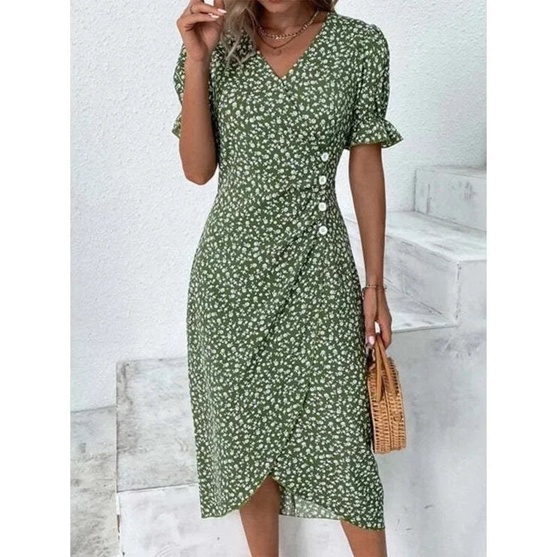 Elegant Floral Midi Puff Sleeve Ruched Waist Floral Dress