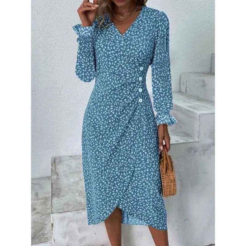 Elegant Floral Midi Puff Sleeve Ruched Waist Floral Dress