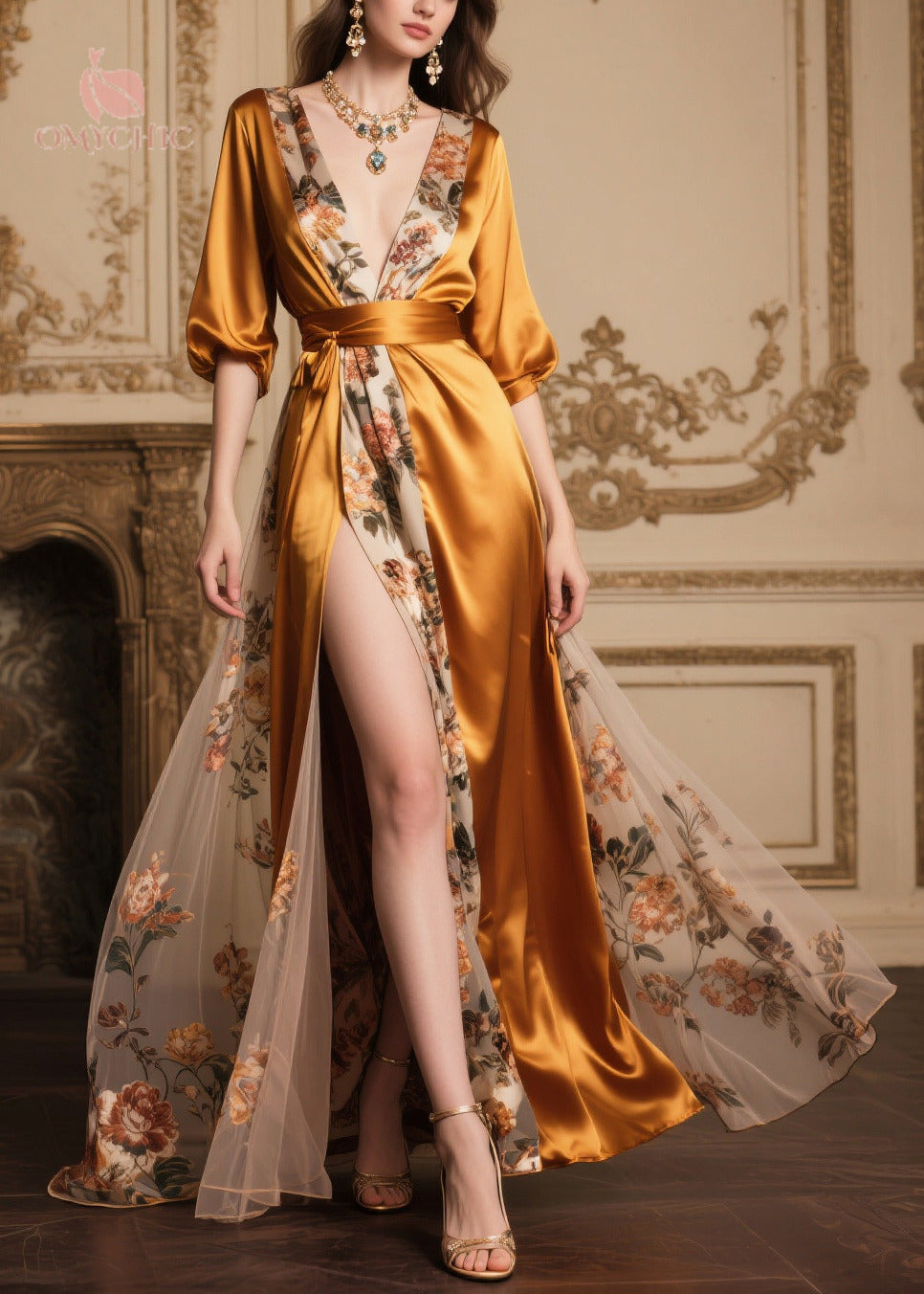Satin Wrap Deep V-Neck Puff Sleeve Floral Print Panel Maxi Gown - View 3
