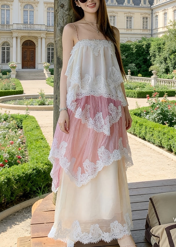 Spaghetti Strap Lace Trim Tiered Boho Chiffon Maxi Dress - View 5