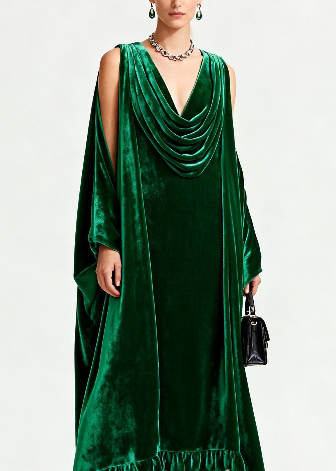 Velvet Cowl Neck Cape Sleeve Floral Embroidered Ruffle Hem Maxi Gown - View 2
