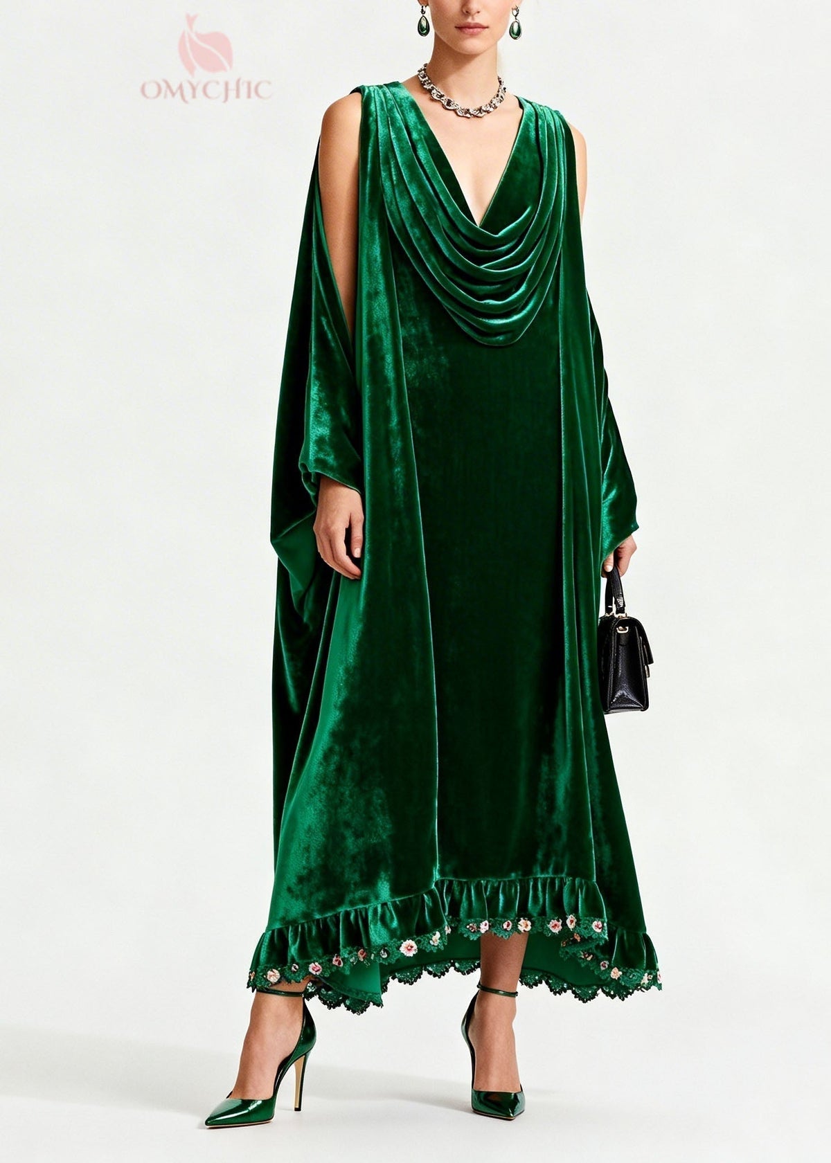 Velvet Cowl Neck Cape Sleeve Floral Embroidered Ruffle Hem Maxi Gown - View 5