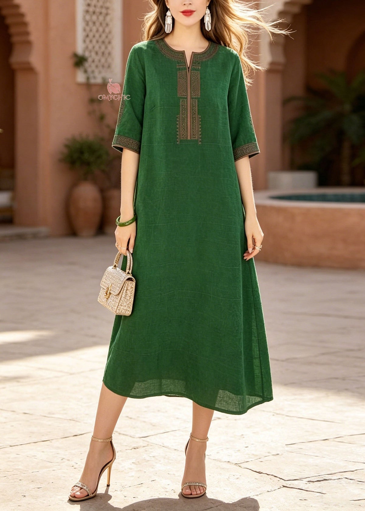 Woven Embroidered Round Neck Half Sleeve Shift Midi Dress