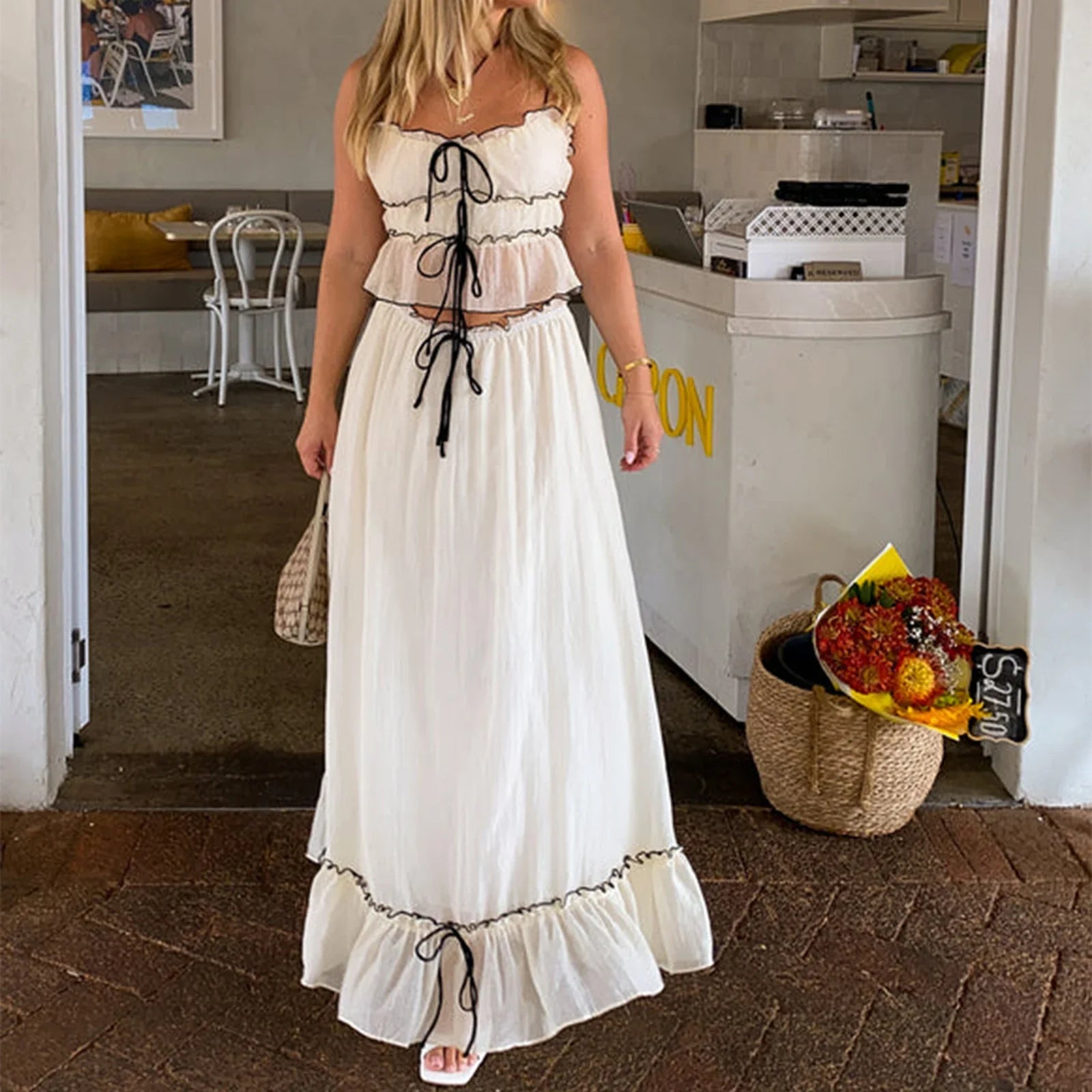 Ruffles Tie-Up Crop Top A-line Maxi Skirt Two Pieces Set