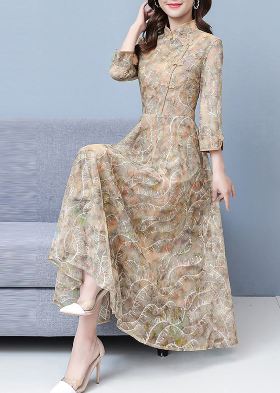 Mandarin Collar Frog Button Three Quarter Sleeve Maxi Gown