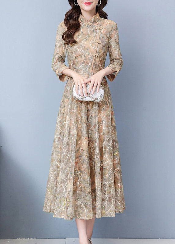 Mandarin Collar Frog Button Three Quarter Sleeve Maxi Gown - View 2