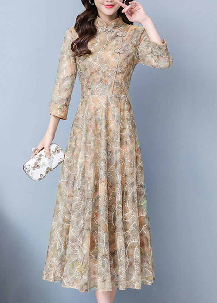 Mandarin Collar Frog Button Three Quarter Sleeve Maxi Gown - View 3