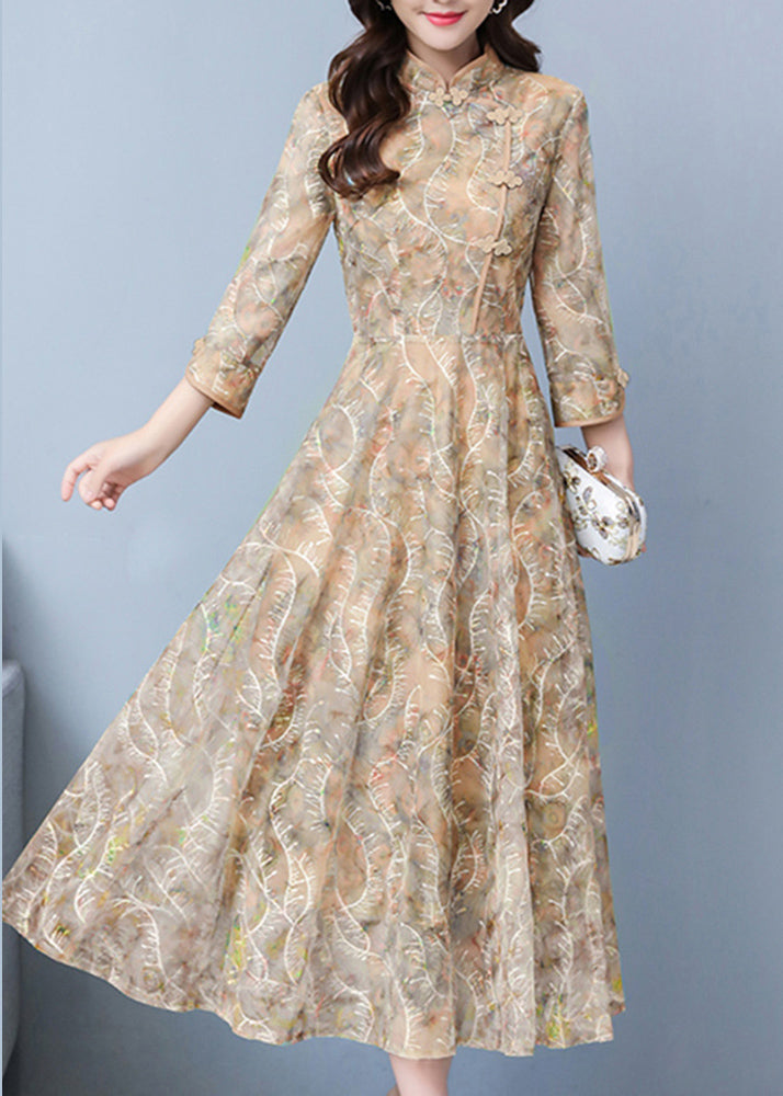 Mandarin Collar Frog Button Three Quarter Sleeve Maxi Gown - View 4