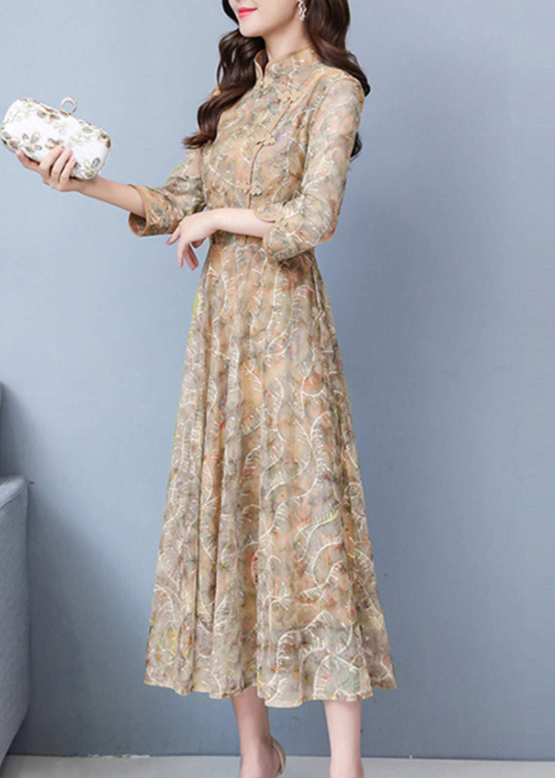 Mandarin Collar Frog Button Three Quarter Sleeve Maxi Gown - View 5