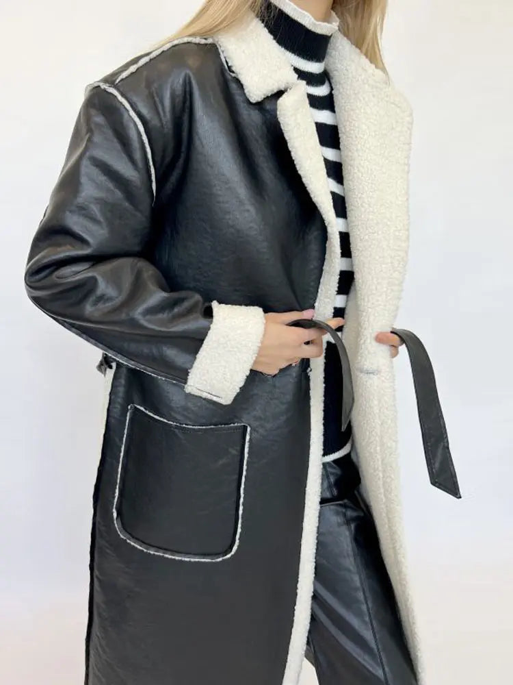 Lamb Wool PU Leather Belted Overcoat 3