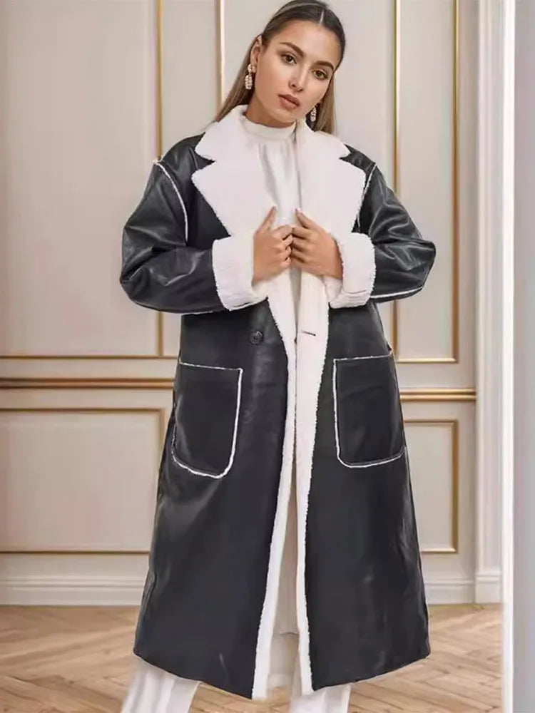 Lamb Wool PU Leather Belted Overcoat 2