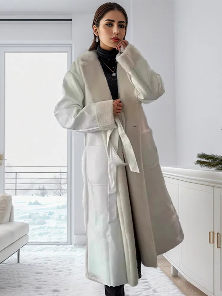 Elegant Lamb Wool PU Leather Belted Overcoat
