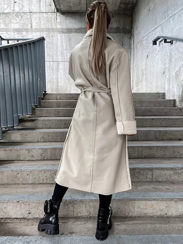 Lamb Wool PU Leather Belted Overcoat 5