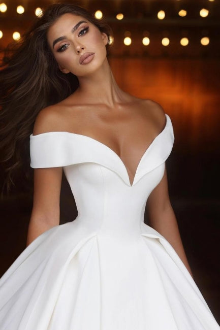 Elegant Long A-line Off-the-Shoulder V-neck Satin Wedding Dress with Chic Design - Fashionpara