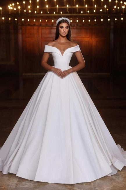 Elegant Long A-line Off-the-Shoulder V-neck Satin Wedding Dress with Chic Design - Fashionpara