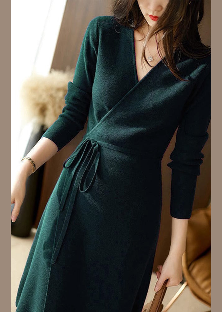 Knit Wrap Surplice V-Neck Long Sleeve Tie Waist Midi Dress - View 2