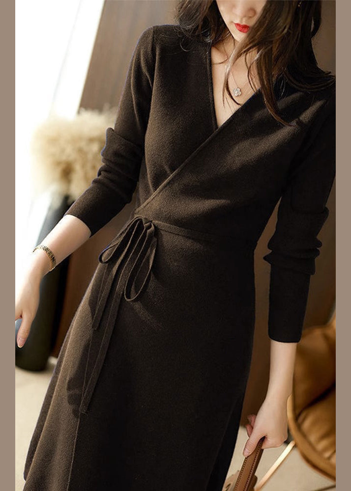 Knit Wrap Surplice V-Neck Long Sleeve Tie Waist Midi Dress - View 3