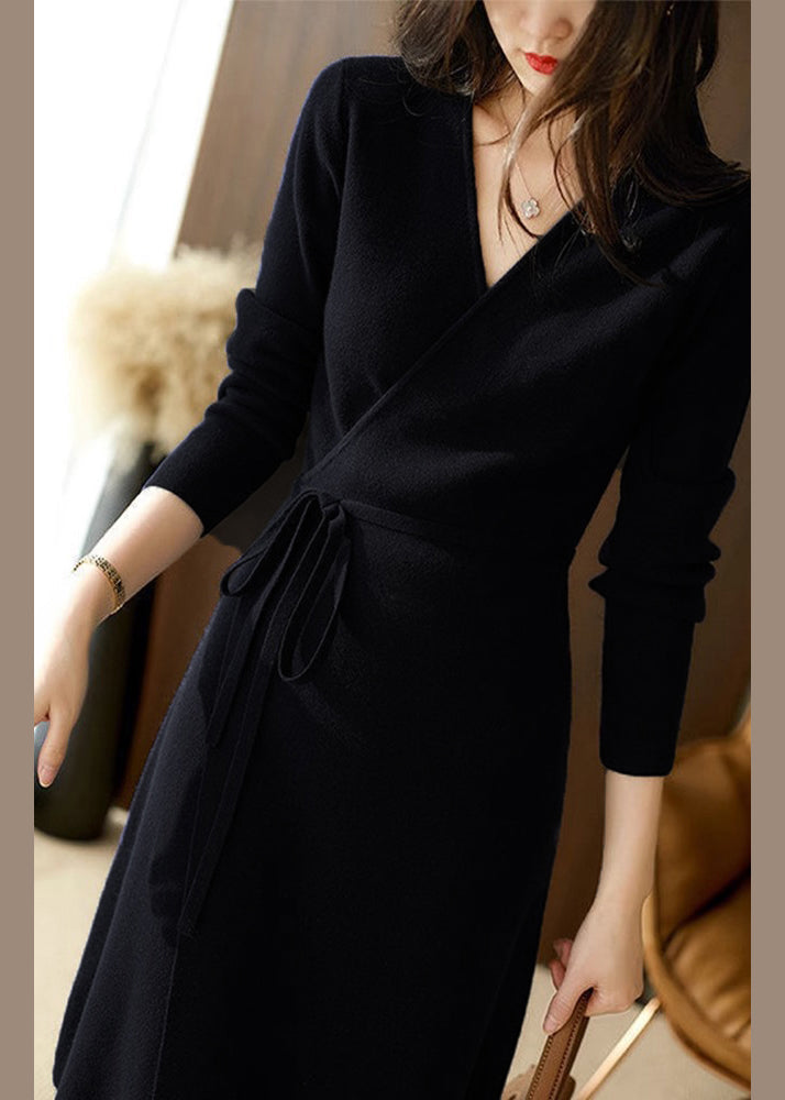 Knit Wrap Surplice V-Neck Long Sleeve Tie Waist Midi Dress - View 4