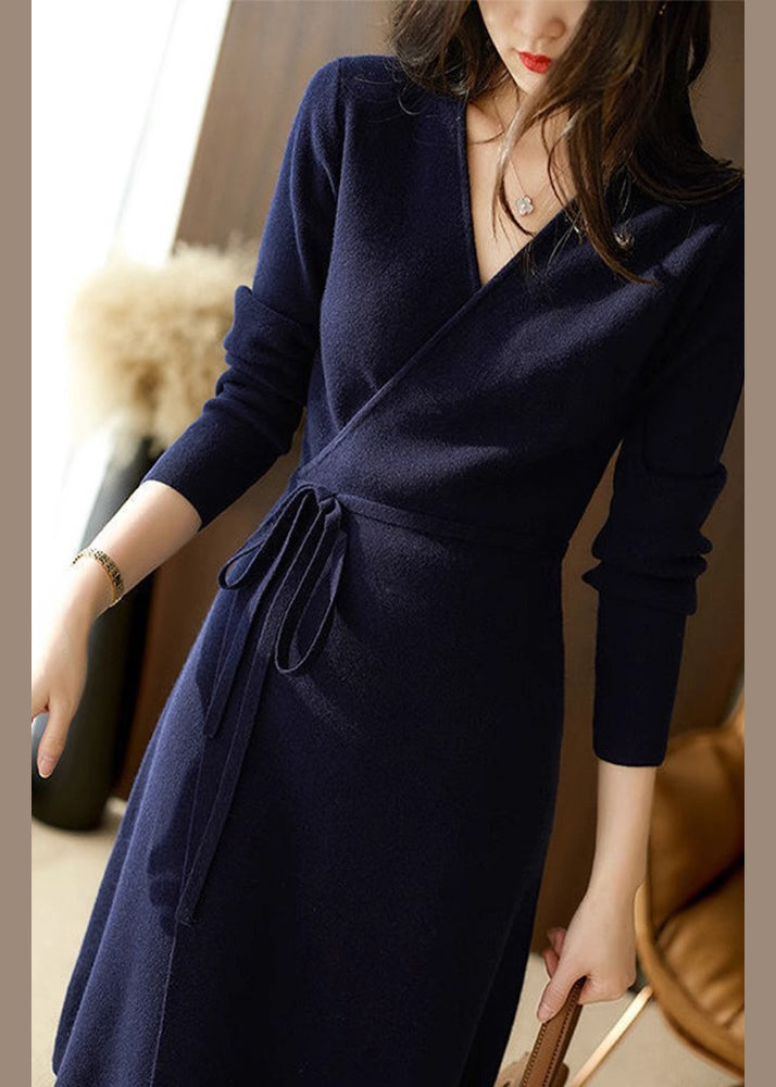 Knit Wrap Surplice V-Neck Long Sleeve Tie Waist Midi Dress - View 5