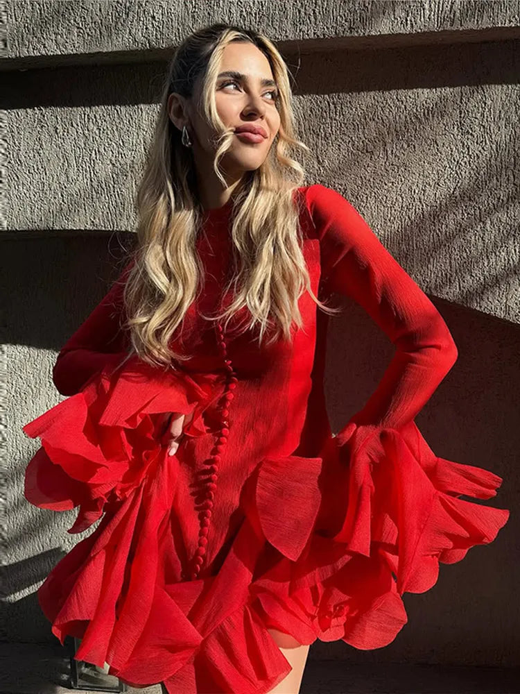 O-Neck Flare Sleeve Mini Dress