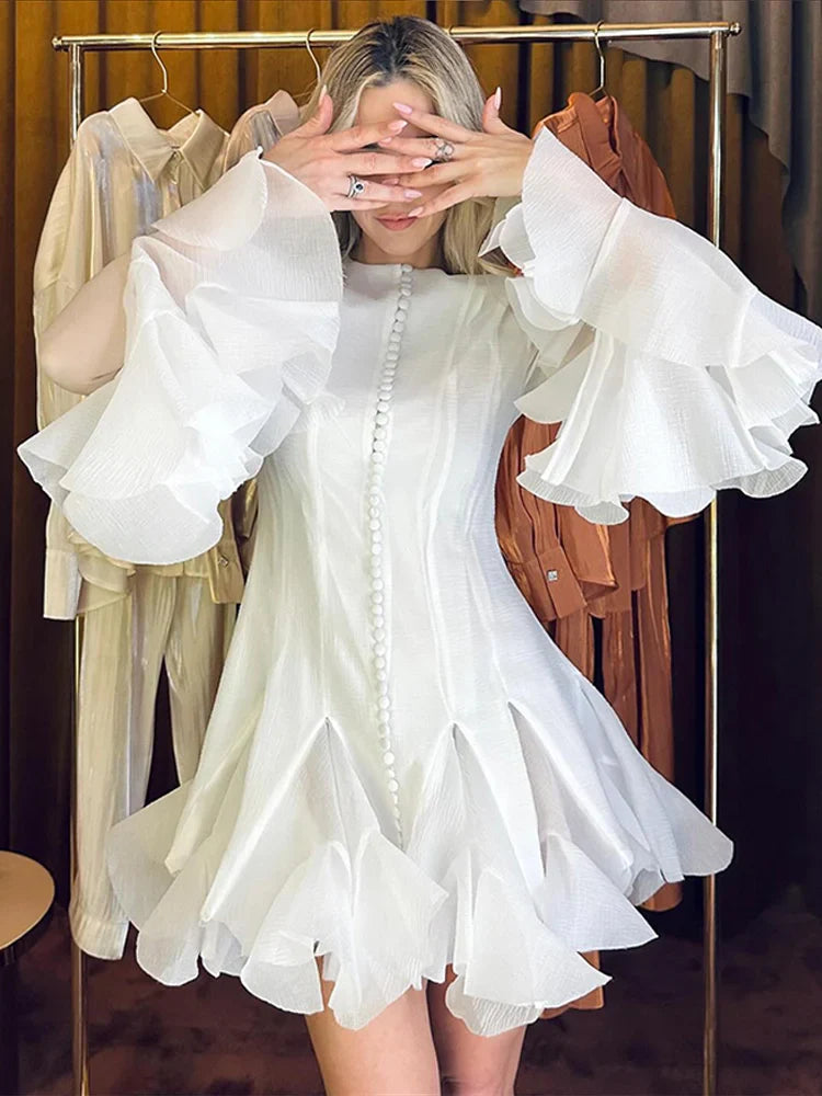 O-Neck Flare Sleeve Mini Dress