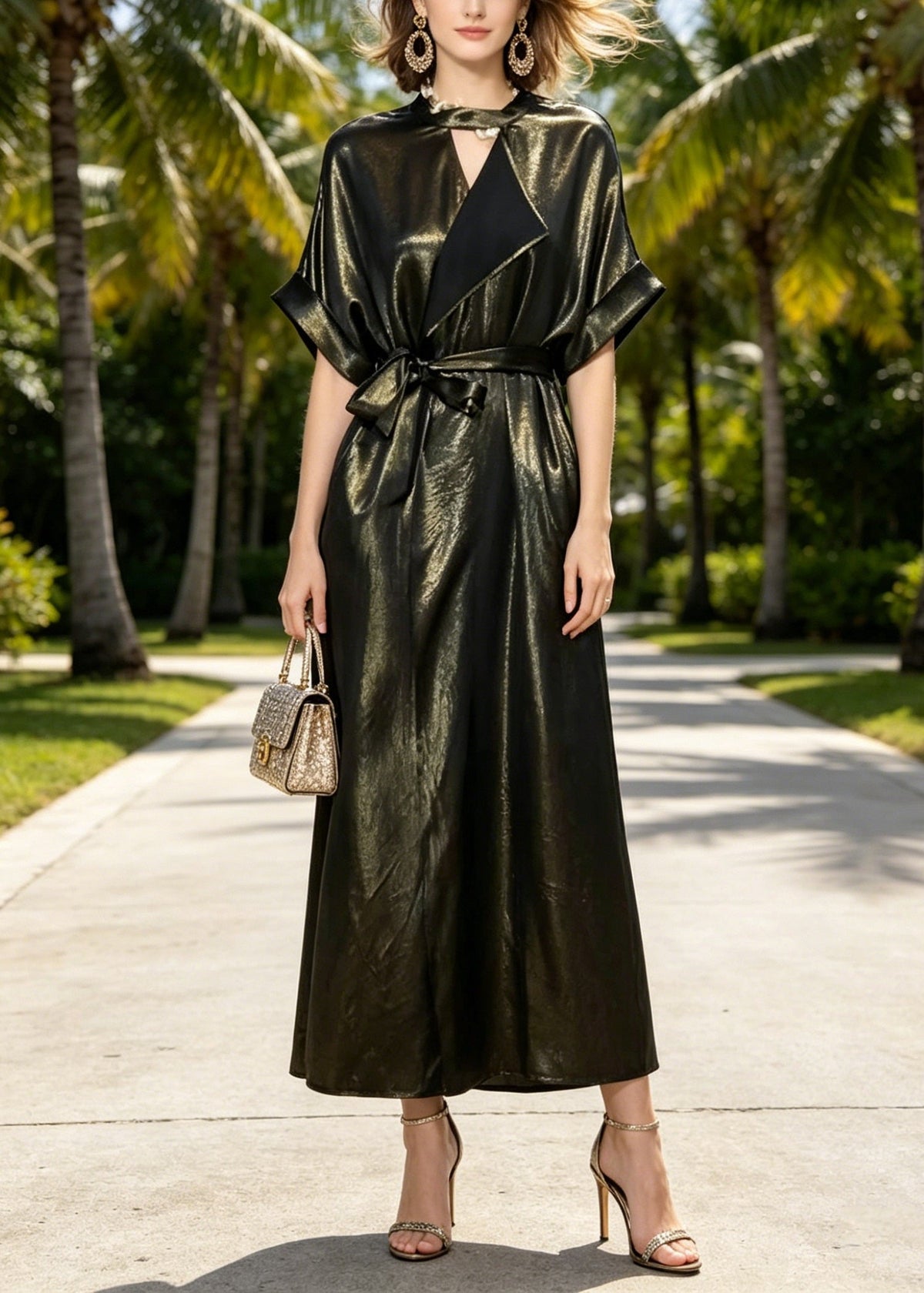 Metallic Crinkled Notched Lapel V-Neck Kimono Sleeve Tie Waist Maxi Dress