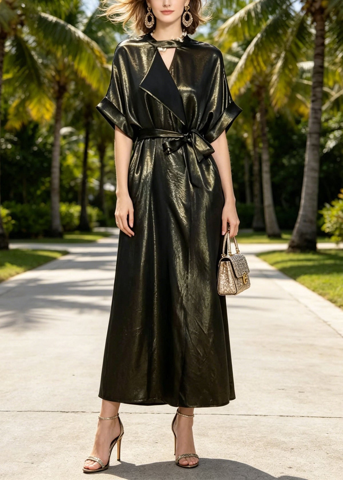 Metallic Crinkled Notched Lapel V-Neck Kimono Sleeve Tie Waist Maxi Dress - View 3