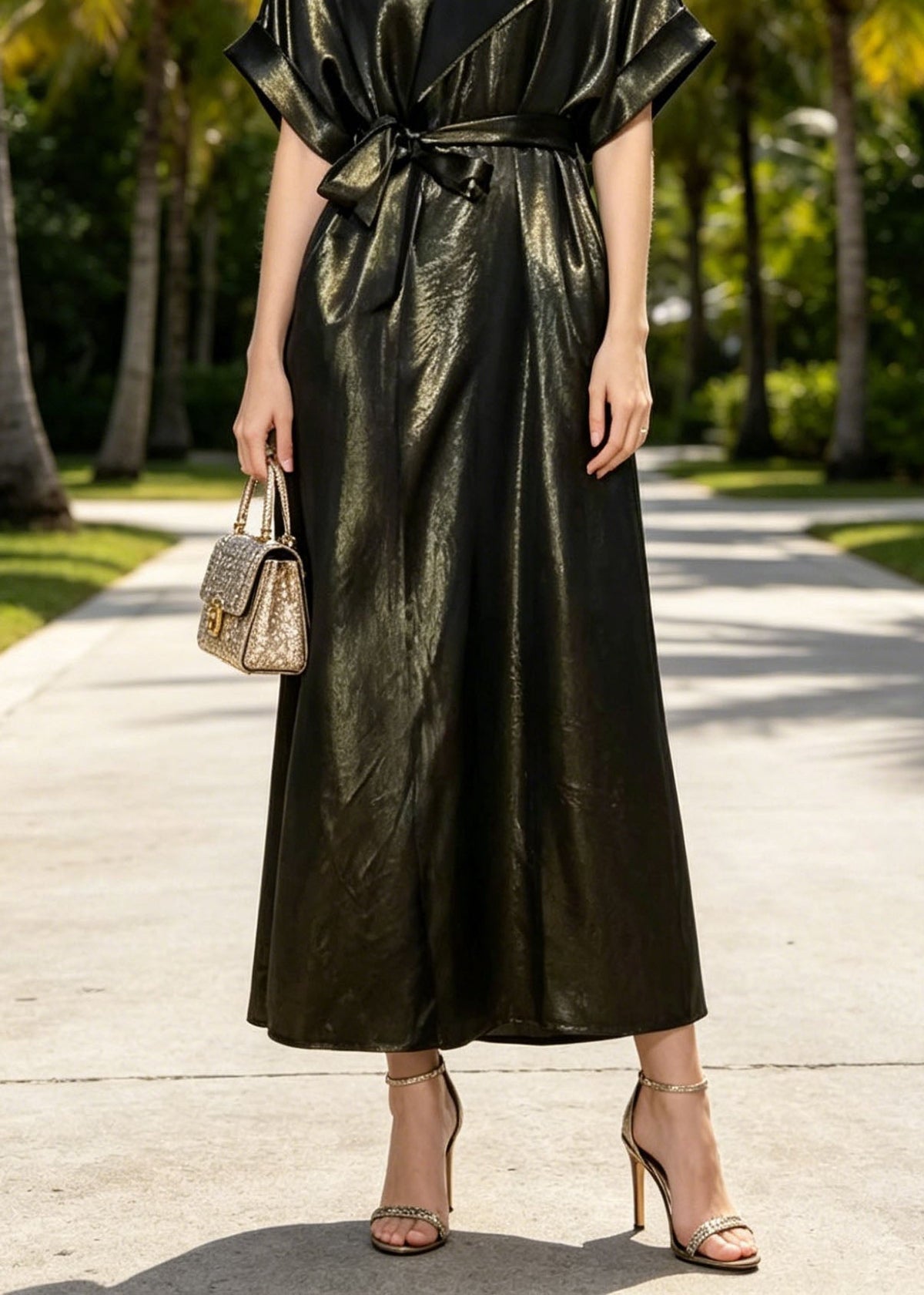 Metallic Crinkled Notched Lapel V-Neck Kimono Sleeve Tie Waist Maxi Dress - View 4