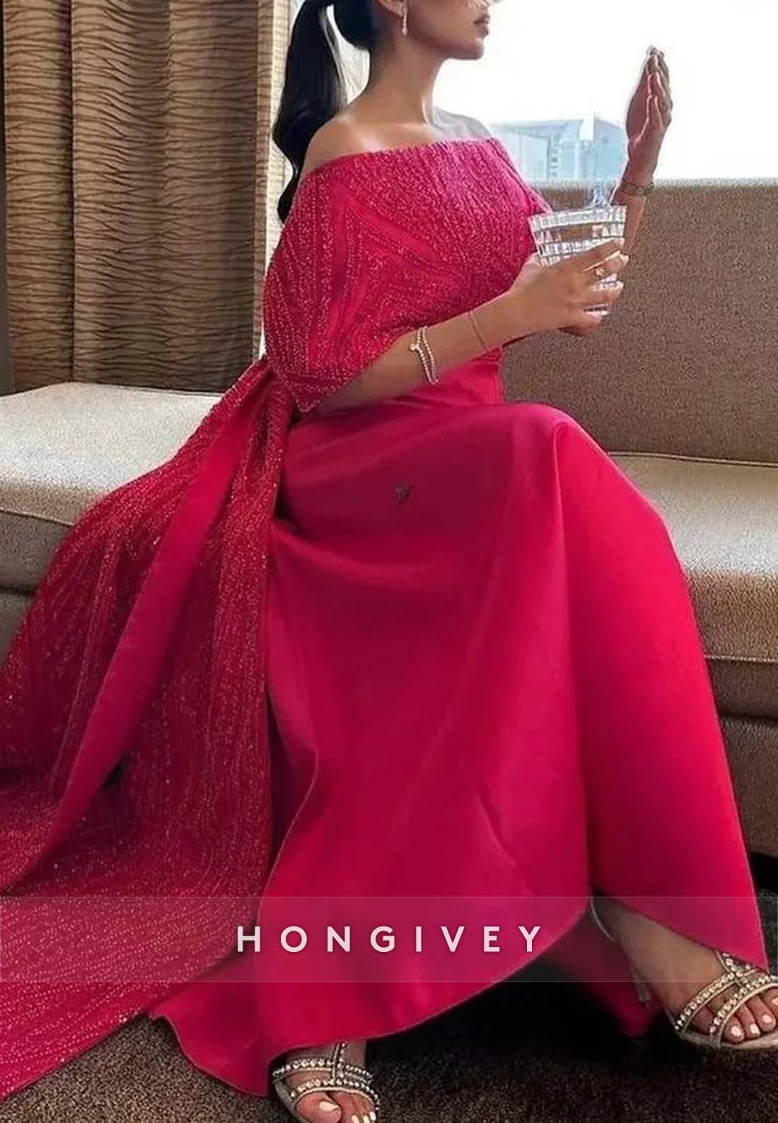 Floor-Length Pleated Mother of the Bride Beading A-line Shawl Evening Gown