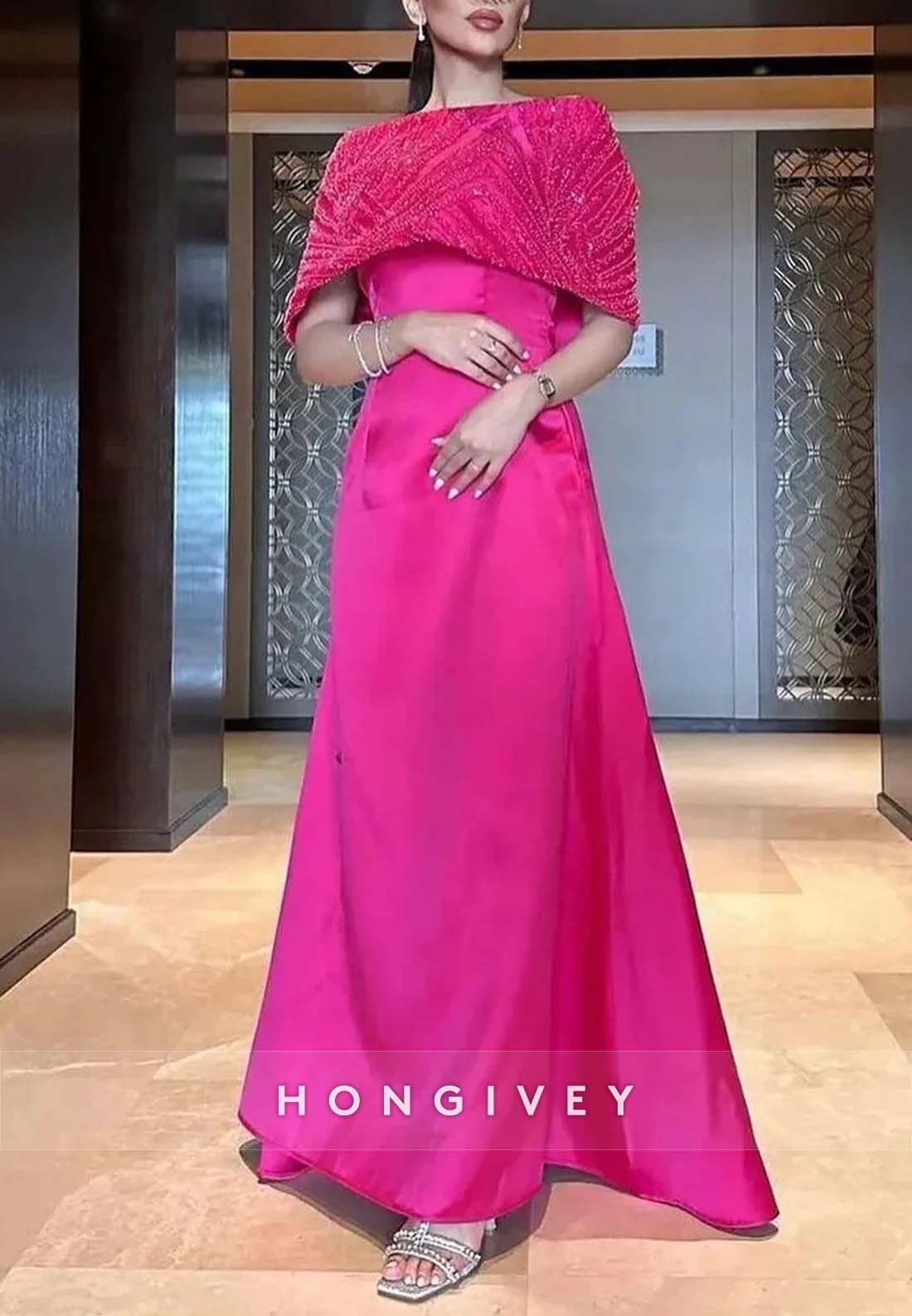 Floor-Length Pleated Mother of the Bride Beading A-line Shawl Evening Gown