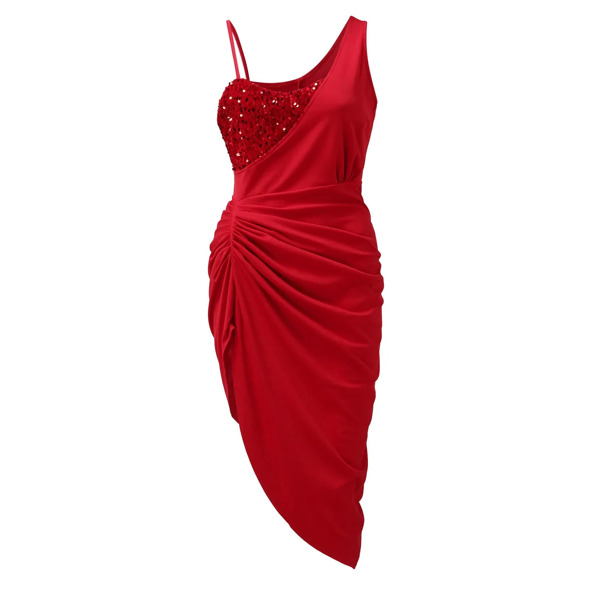 One-Shoulder Sequin Bodice Ruched High-Slit Bodycon Midi Dress 5
