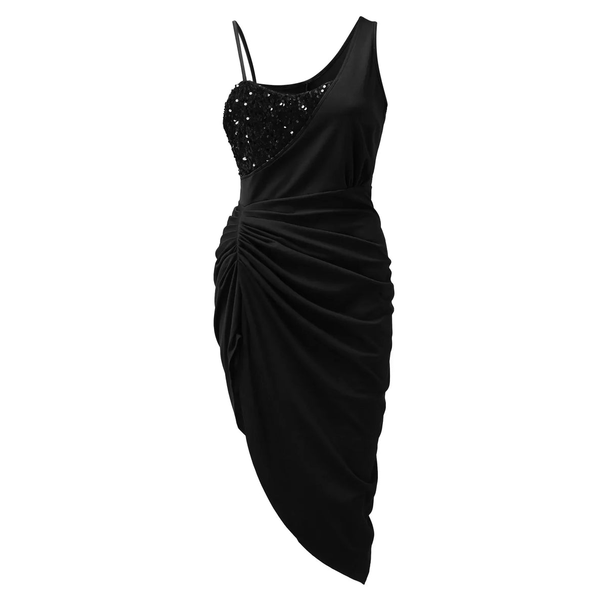 One-Shoulder Sequin Bodice Ruched High-Slit Bodycon Midi Dress 4