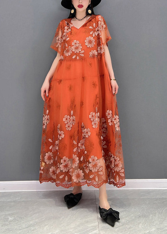 Floral Embroidered Tulle Overlay V-Neck Short Sleeve Maxi Dress