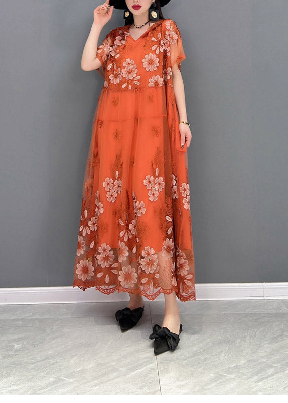 Floral Embroidered Tulle Overlay V-Neck Short Sleeve Maxi Dress - View 2