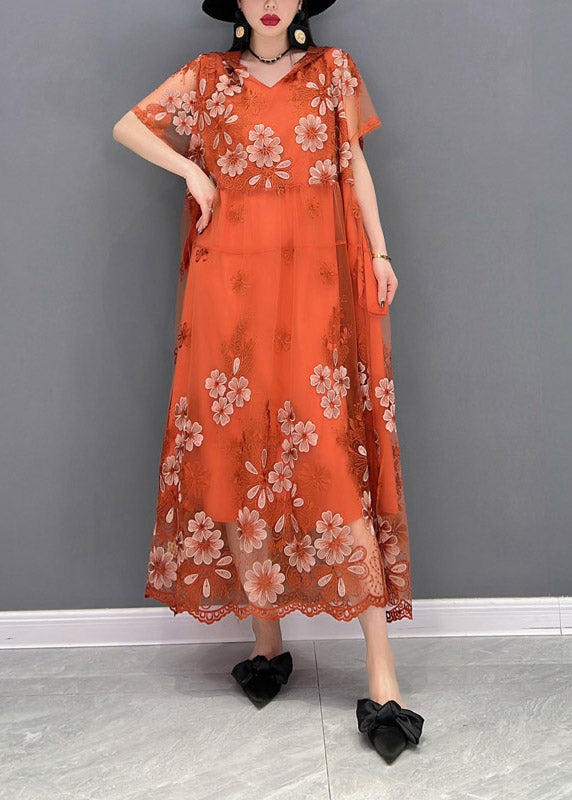 Floral Embroidered Tulle Overlay V-Neck Short Sleeve Maxi Dress - View 3