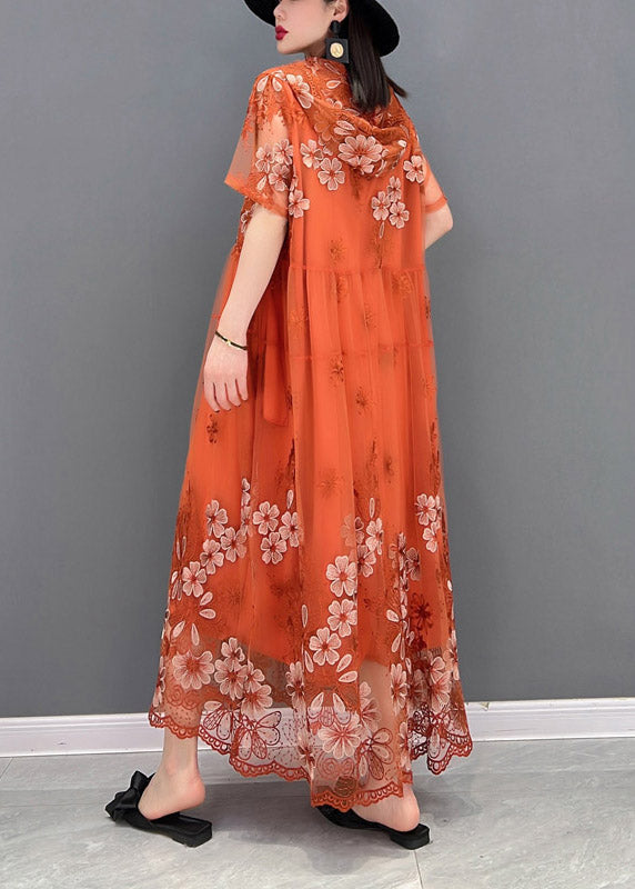 Floral Embroidered Tulle Overlay V-Neck Short Sleeve Maxi Dress - View 4