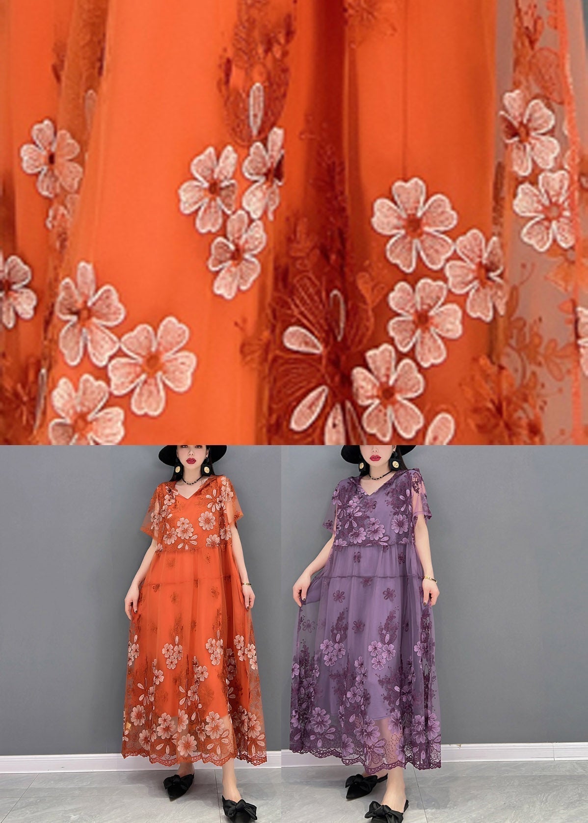 Floral Embroidered Tulle Overlay V-Neck Short Sleeve Maxi Dress - View 5
