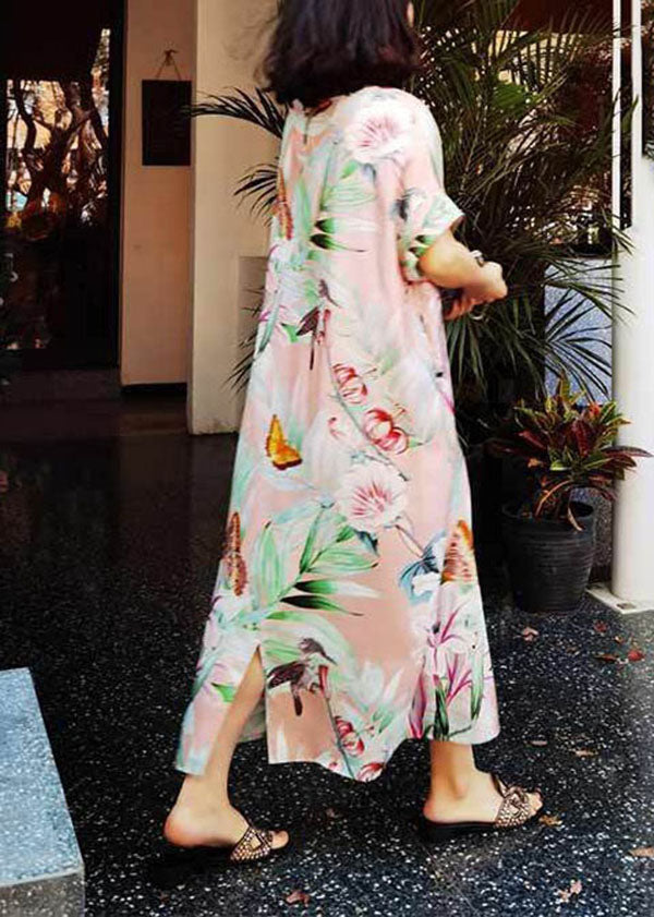 Tropical Floral Butterfly Print Short Sleeve Shift Maxi Dress - View 5