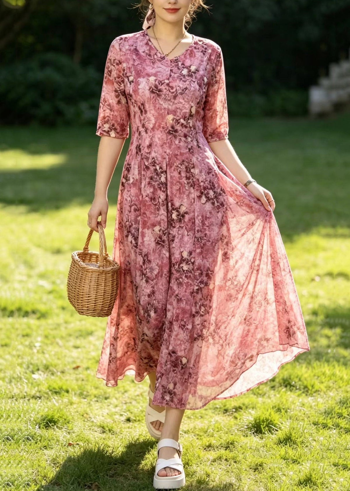 Floral Print V-Neck Button Front Half Sleeve A-Line Maxi Dress